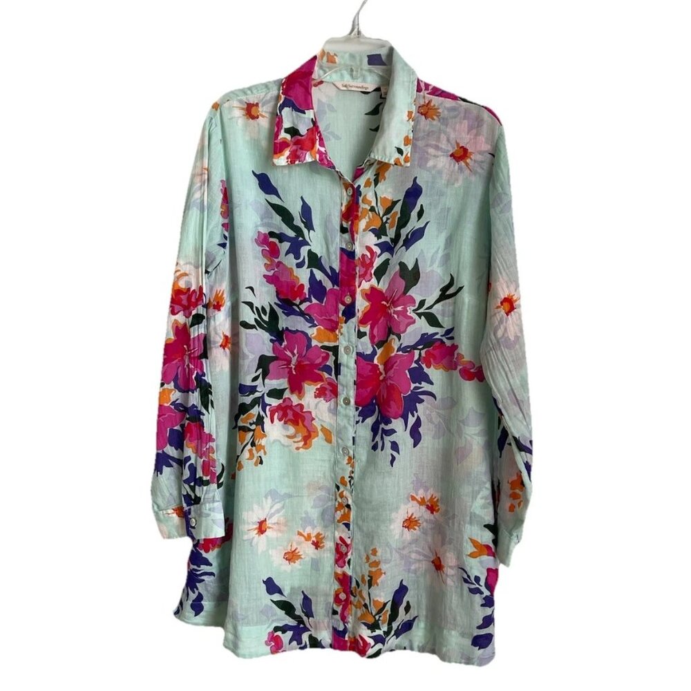 Soft Surroundings Floral Long Sleeve Button Front Tunic Pockets